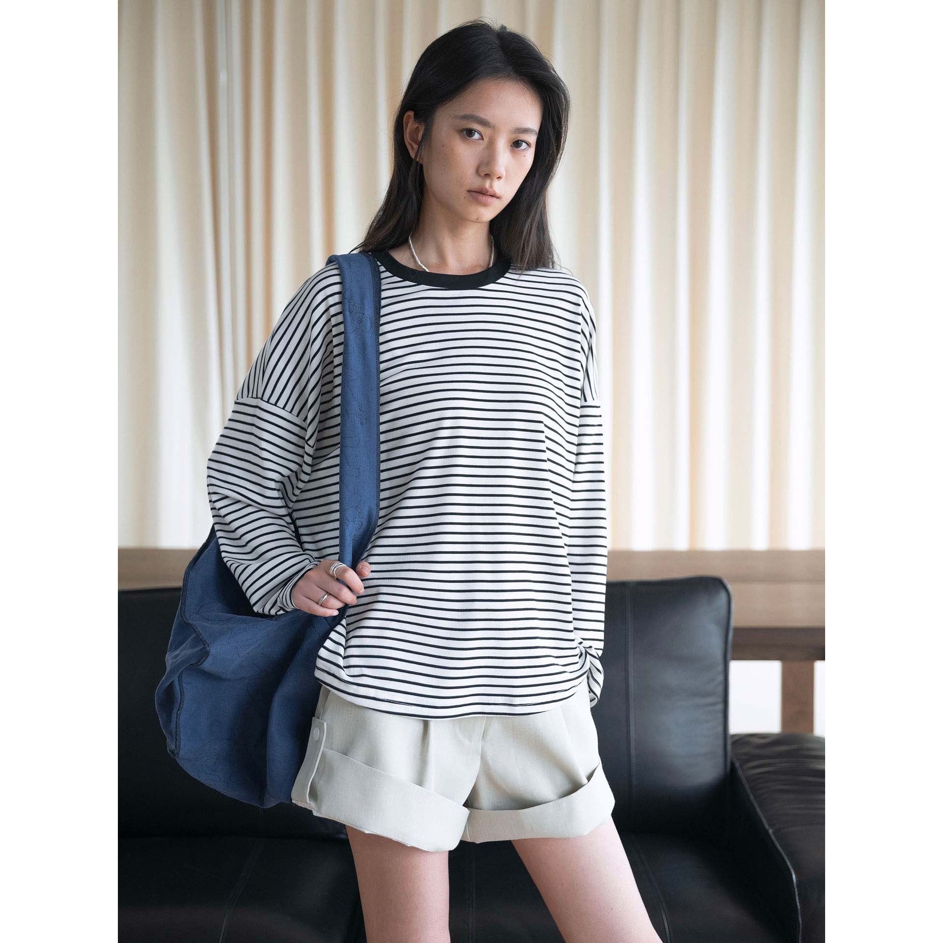 Women Oversized Stripe Long Sleeve Shirt with Contrasting Round Neckline Chichicherry