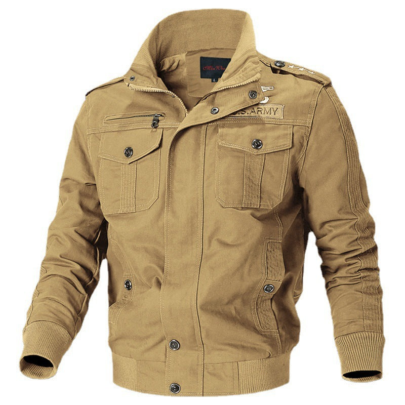 Men's Canvas Pilot Jacket with Shoulder Piping, Zipper Placket and Utility Flap Pockets Chichicherry