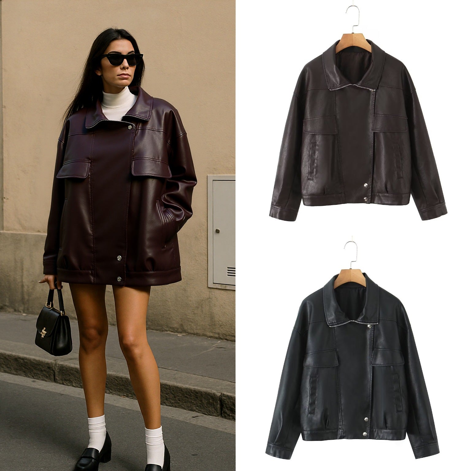 Women's Oversized Faux Leather Blouson Jacket with Asymmetric Zipper and Flap Pockets Chichicherry