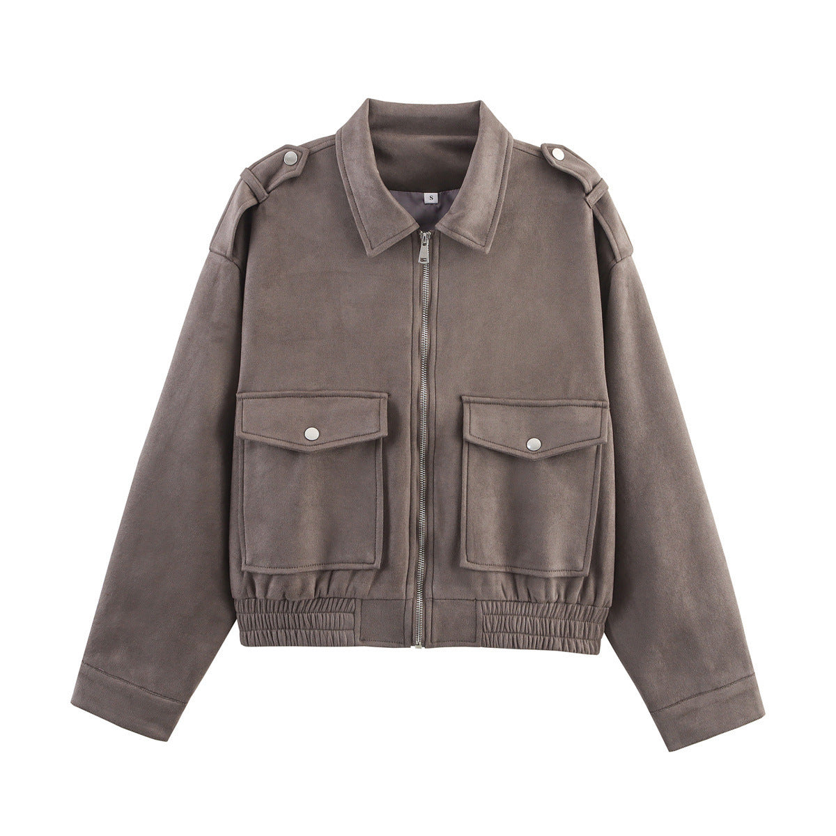 Women's short jacket in utility bomber style with flap pockets, shoulder epaulets, and elastic hem Chichicherry