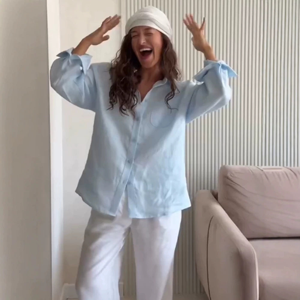 Women's Oversized Linen Shirt Blouse with Chest Pocket and Casual Fit Chichicherry