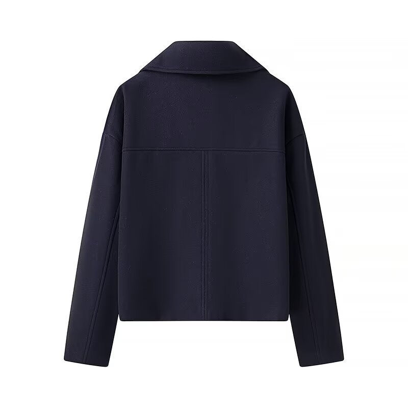 Women's Short Boxy Wool Blend Peacoat with Double-Breasted Button Placket and Patch Pockets Chichicherry