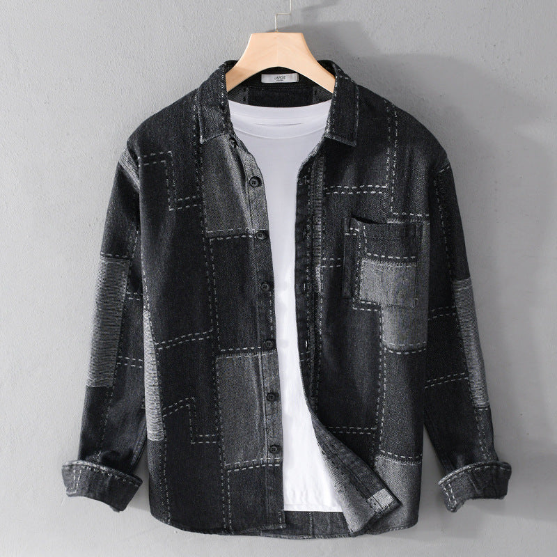 Men's patchwork shirt jacket made of textured denim with visible seams and chest pocket Chichicherry