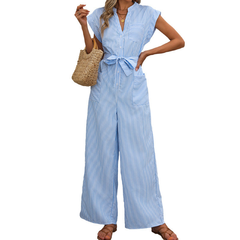 Women's Striped Jumpsuit with Wide Leg, Waist Belt and Shirt Blouse Detail