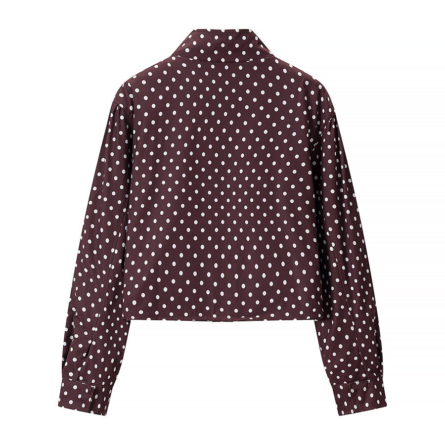 Women Polka Dot Short Jacket with Stand Collar and Concealed Snap Button Placket Chichicherry