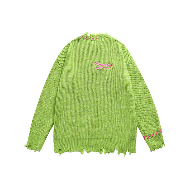Unisex Oversize Chunky Knit Sweater with Destroy Effect and Decorative Seams Chichicherry