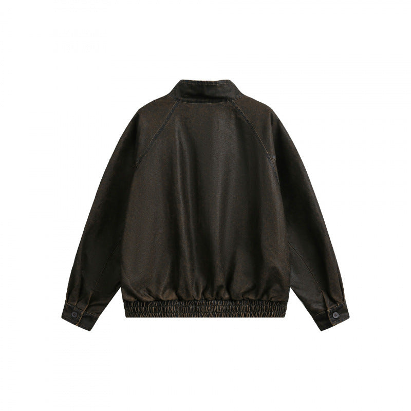 Men's short-cut worker bomber jacket in used denim look with standing collar, concealed zipper, and elastic hem Chichicherry