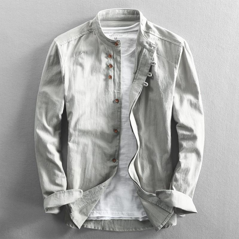 Men's Lightweight Cotton-Linen Overshirt with Stand Collar and Button Placket Detail Chichicherry