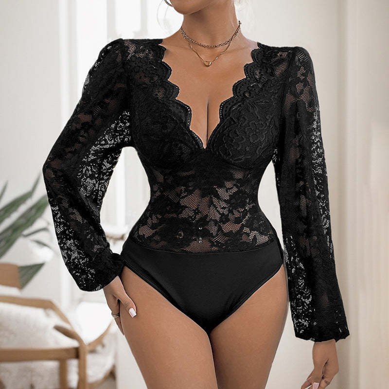 Women's lace bodysuit with deep V-neckline, curved hem and puff sleeves Chichicherry