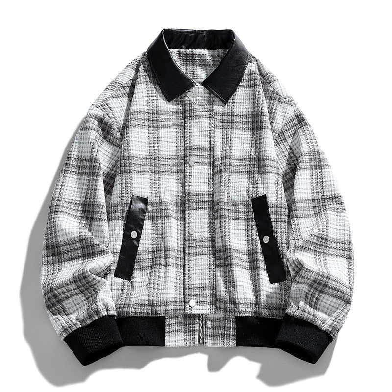 Men's Checkered Overshirt Jacket with Contrasting Faux Leather Collar and Ribbed Cuffs Chichicherry