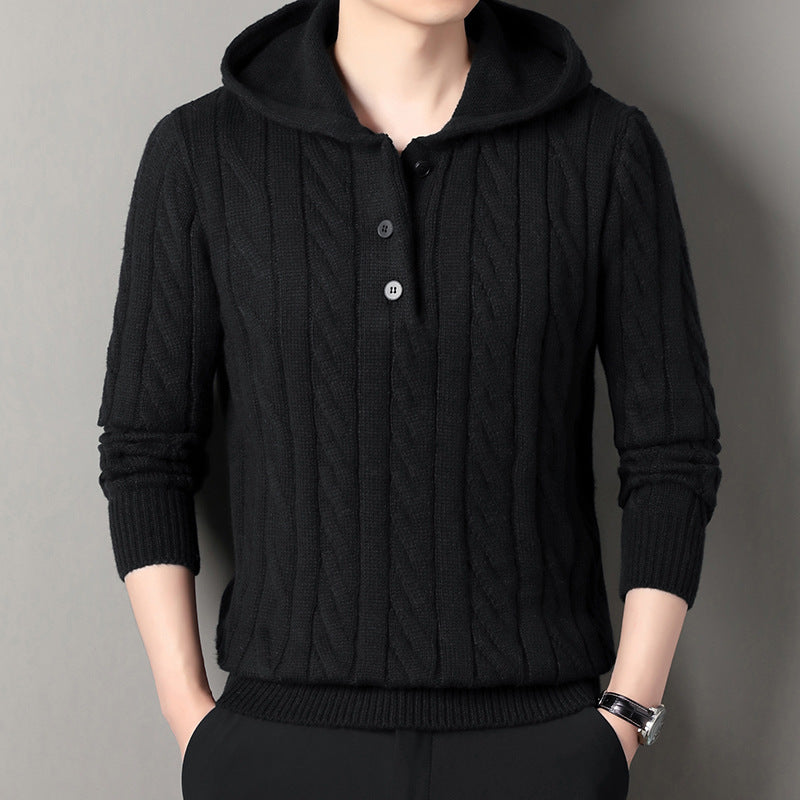 Men's fine knit hoodie with cable pattern, half placket and drawstring Chichicherry