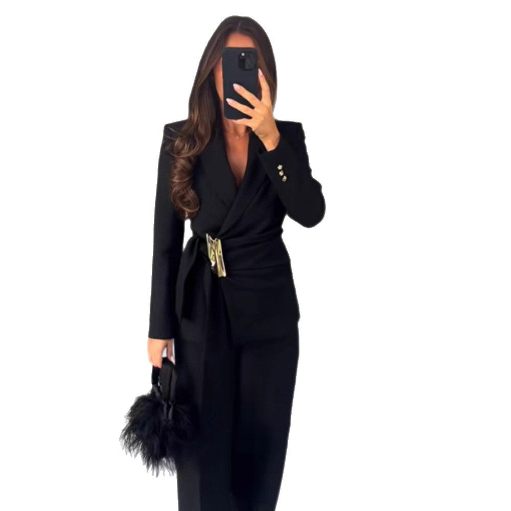 Women's Tailored Wrap Blazer with Decorative Metal Buckle & High-Waist Palazzo Pants Chichicherry