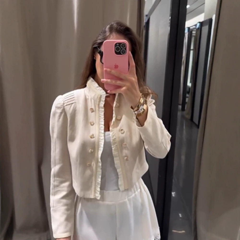 Women's cropped jacket with ruffle trim, puff sleeves, and double-breasted button placket Chichicherry