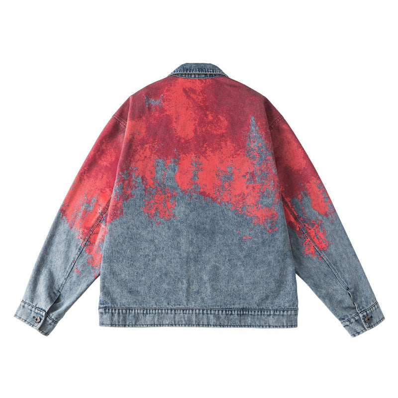 Unisex Oversize Denim Jacket with Gradient Print, Zipper and Shirt Collar Chichicherry