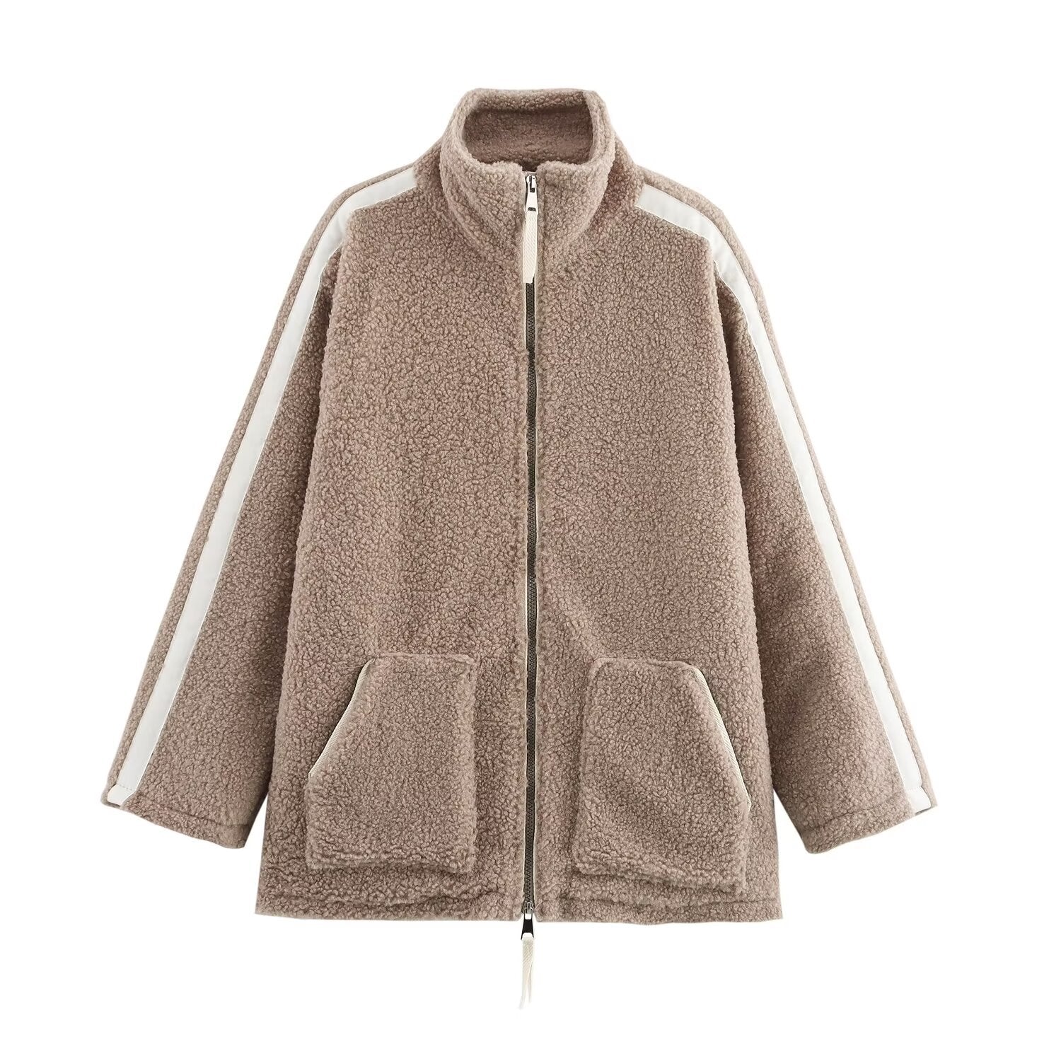Women Teddy Fleece Jacket with Stand-Up Collar, Zipper and Contrast Stripes Chichicherry