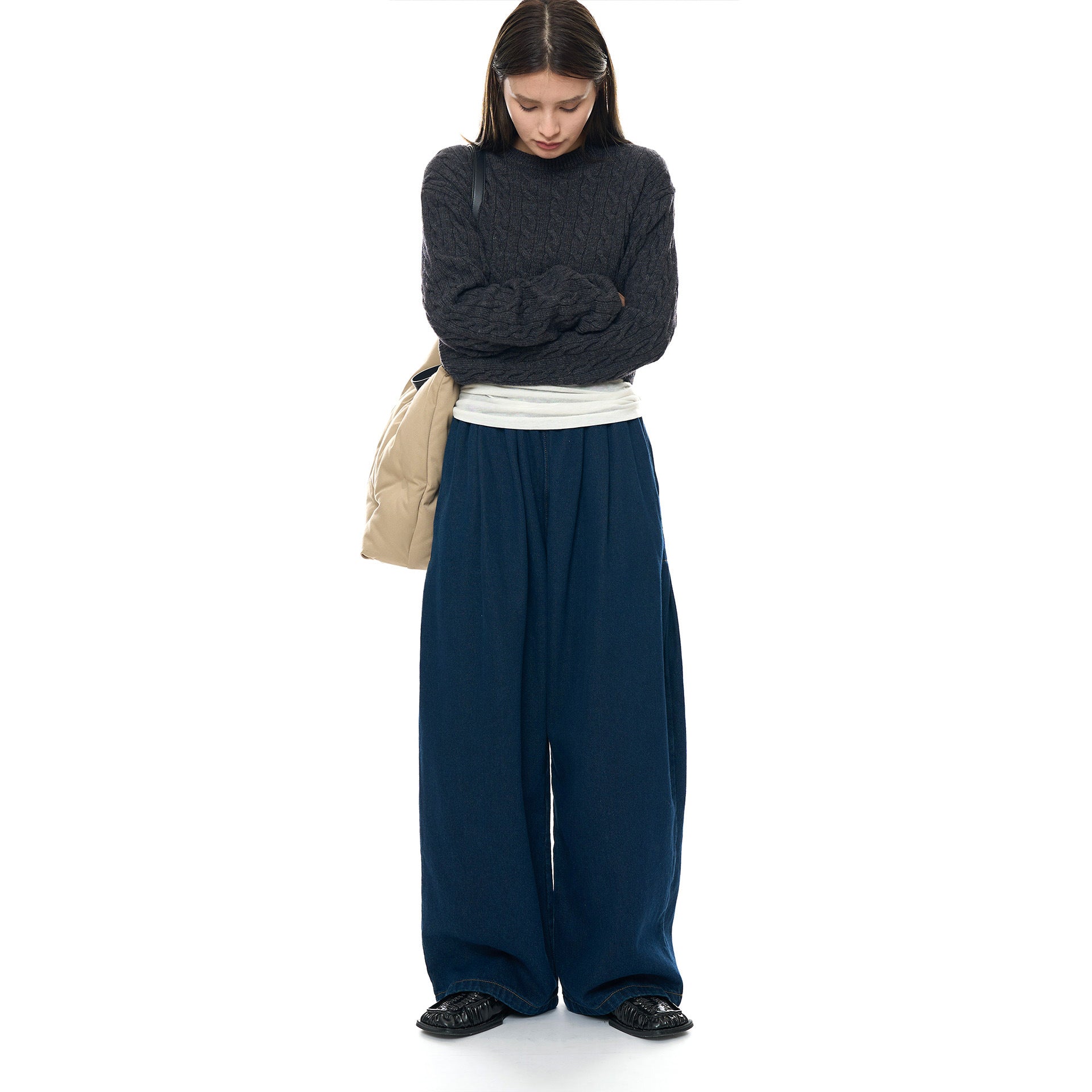 Women Wide Pleated Denim Culottes with High Waist and Deep Crotch Chichicherry