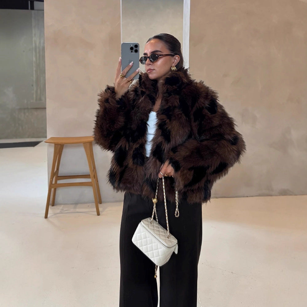 Women's Boxy Short Jacket made of Woven Fur with Natural Fur Look and Wide Shawl Collar Chichicherry