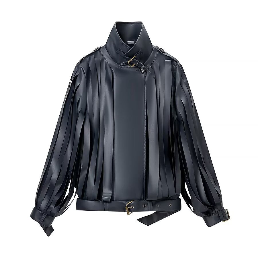 Ladies Faux Leather Fringe Blouson with Stand-up Collar and Waist Belt Chichicherry