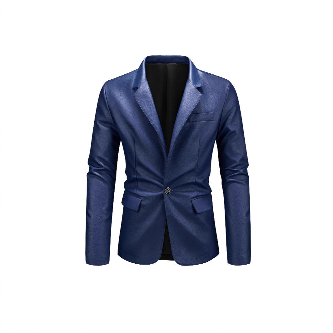 Men's Slim-Fit Leather Blazer with One-Button, Classic Lapel and Flap Pockets Chichicherry