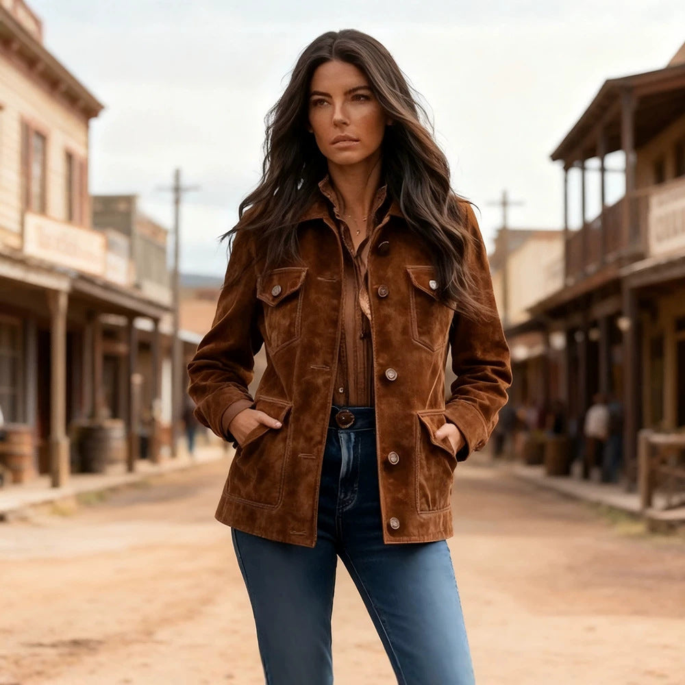 Women's short jacket in ranch-worker look made of suede look with flap pockets and visible button placket Chichicherry