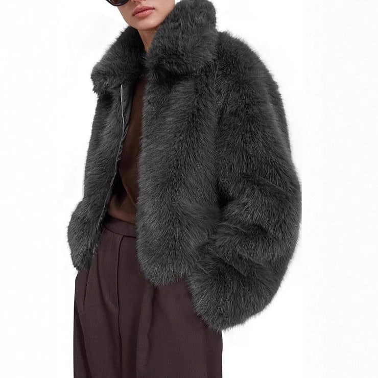 Women Short Boxy Faux Fur Pilot Jacket with Dense High Pile and Wide Lapel Chichicherry