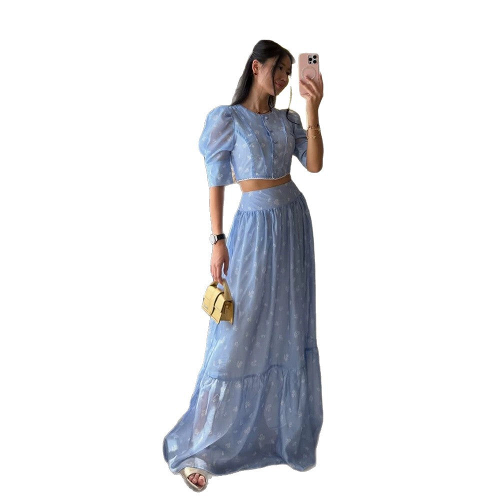 Women's Two-Piece Chiffon Set with Cropped Puff Blouse and Tiered Maxi Skirt Chichicherry