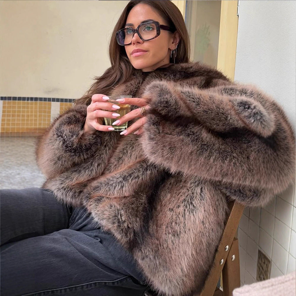 Women's Boxy Faux Fur Hoodie with Voluminous Hood and Loose Silhouette Chichicherry
