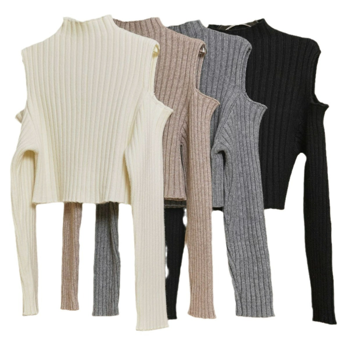 Women Shaping Ribbed Top with High Collar and Cut-Out Shoulder Chichicherry