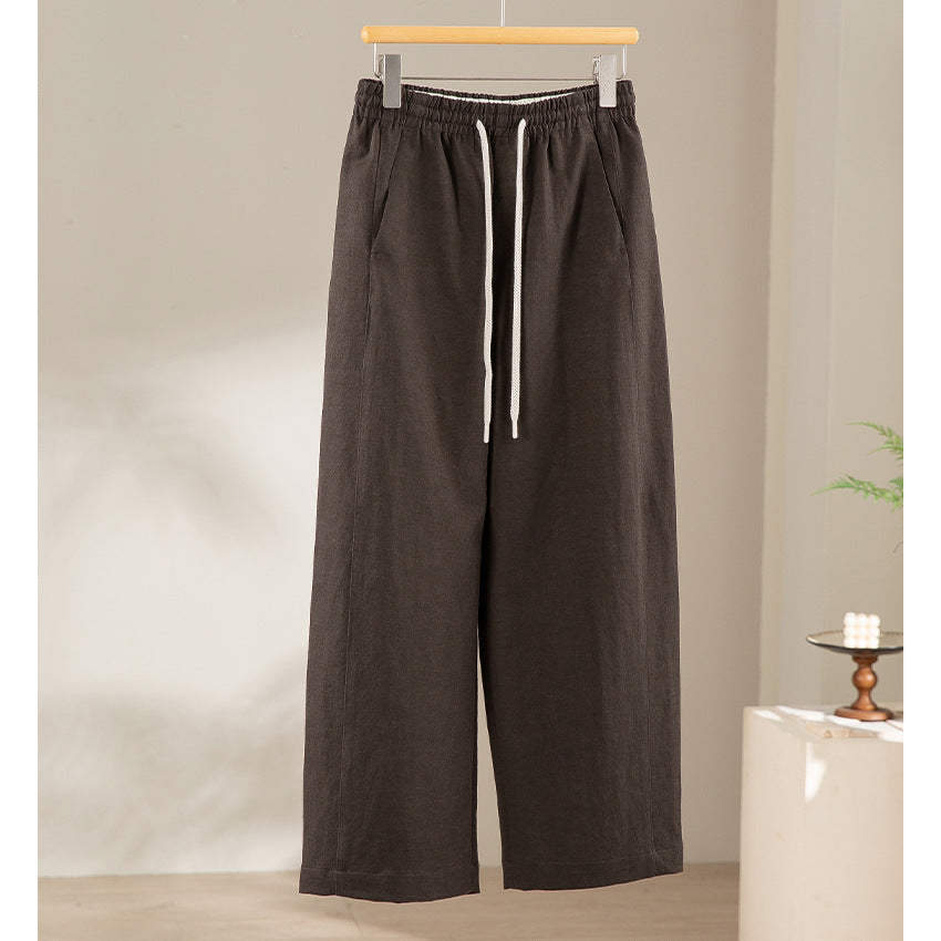 Women Wide Linen Blend Pants with Elastic Waistband and Drawstring Chichicherry