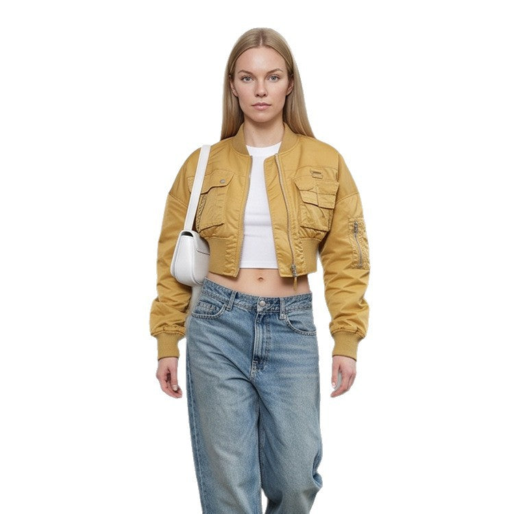 Women’s Short-Cut Utility Bomber Jacket with Practical Pockets and Ribbed Cuffs Chichicherry