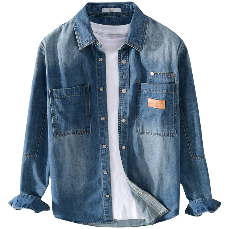 Men's vintage denim shirt jacket in overshirt look with press studs and contrast stitching Chichicherry