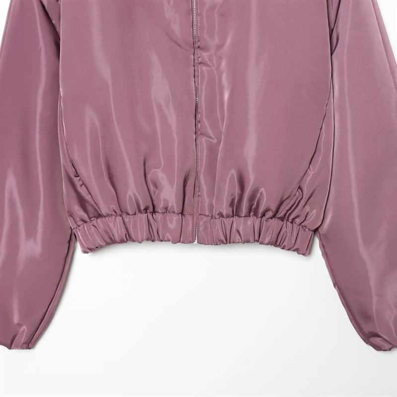 Women's short shiny bomber jacket with standing collar, tailored elastic waistband and concealed zipper Chichicherry