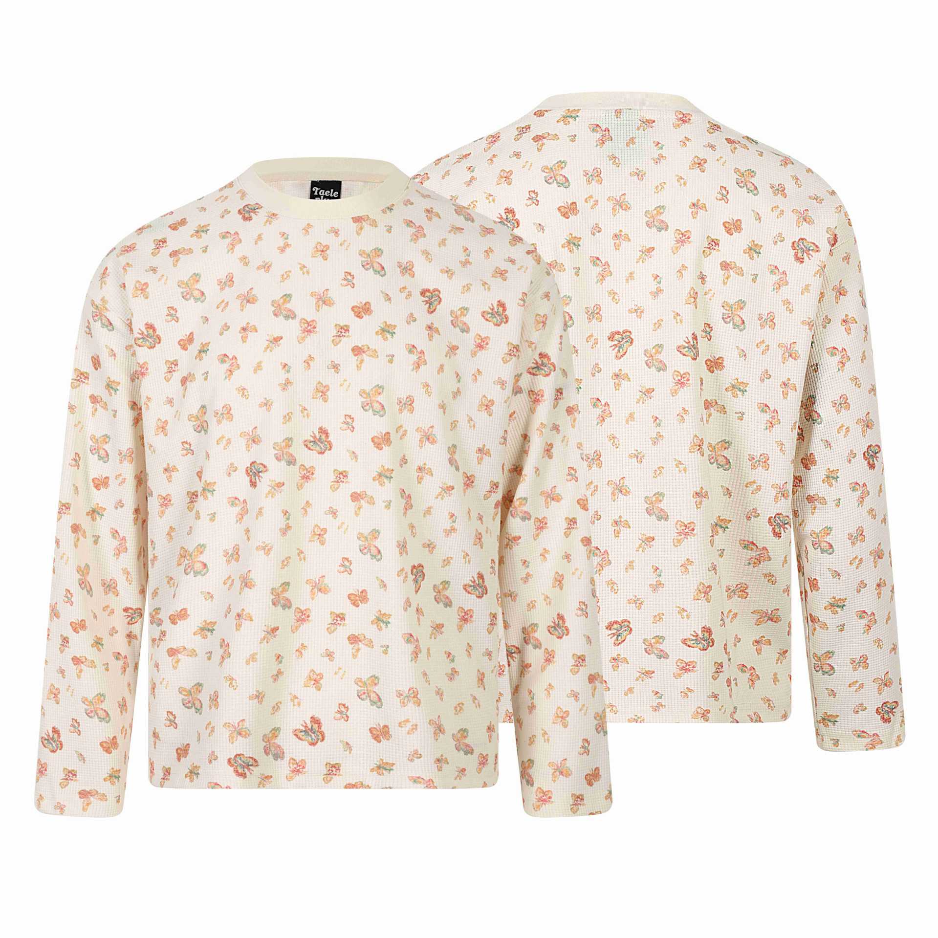 Ladies waffle knit long sleeve shirt with all-over butterfly print and round neck Chichicherry