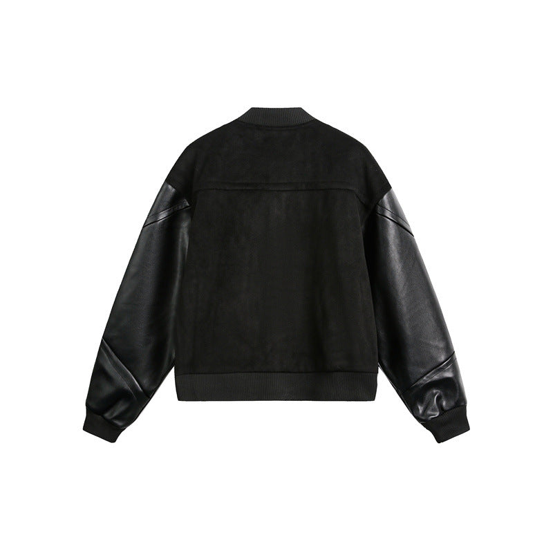 Unisex Classically Cut Bomber Jacket in College Look with Wool Blend Body and Leather Look Sleeves Chichicherry
