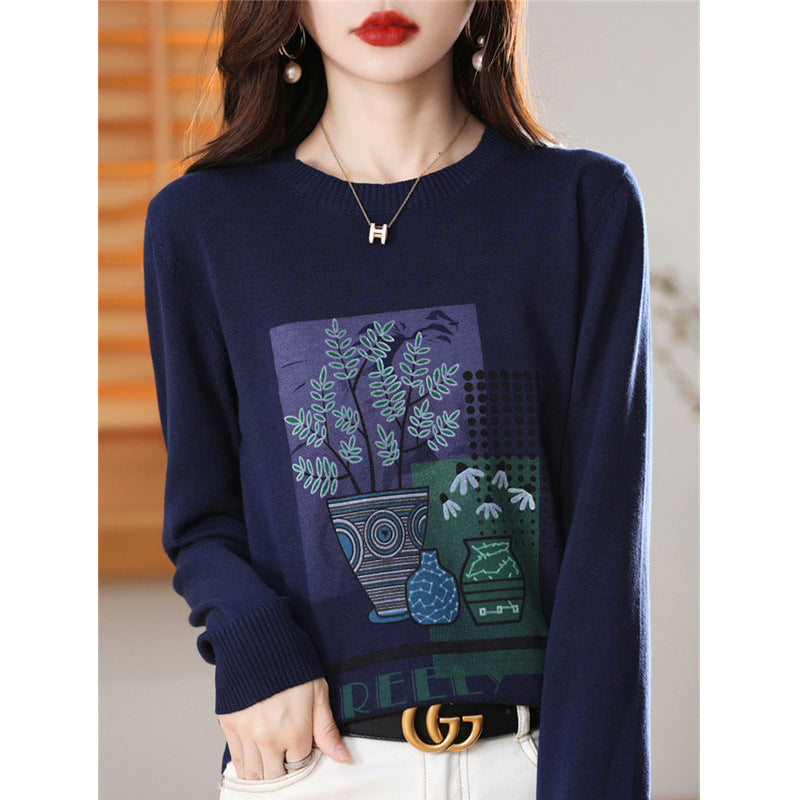Ladies Lightweight Round Neck Sweater with Graphic Plant Print and Fine Knit Chichicherry