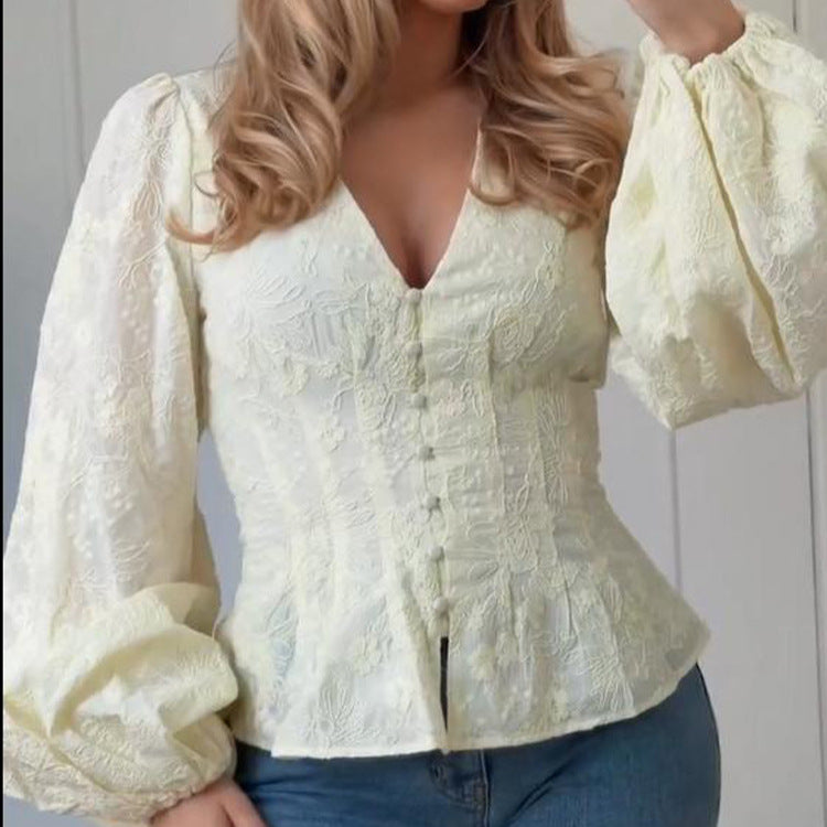 Women's Tailored Lace Blouse in Corset Style with V-Neck, Button Placket and Balloon Sleeves Chichicherry