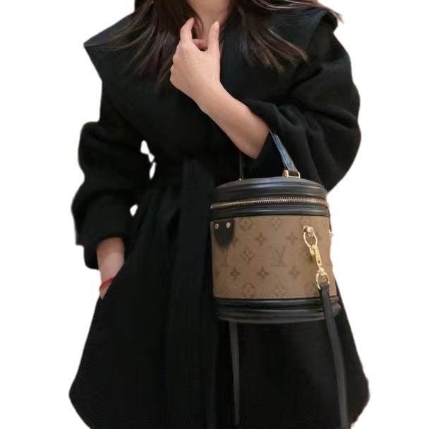 Women's Short Wool Coat with Waist Belt and Oversized Sleeves Chichicherry