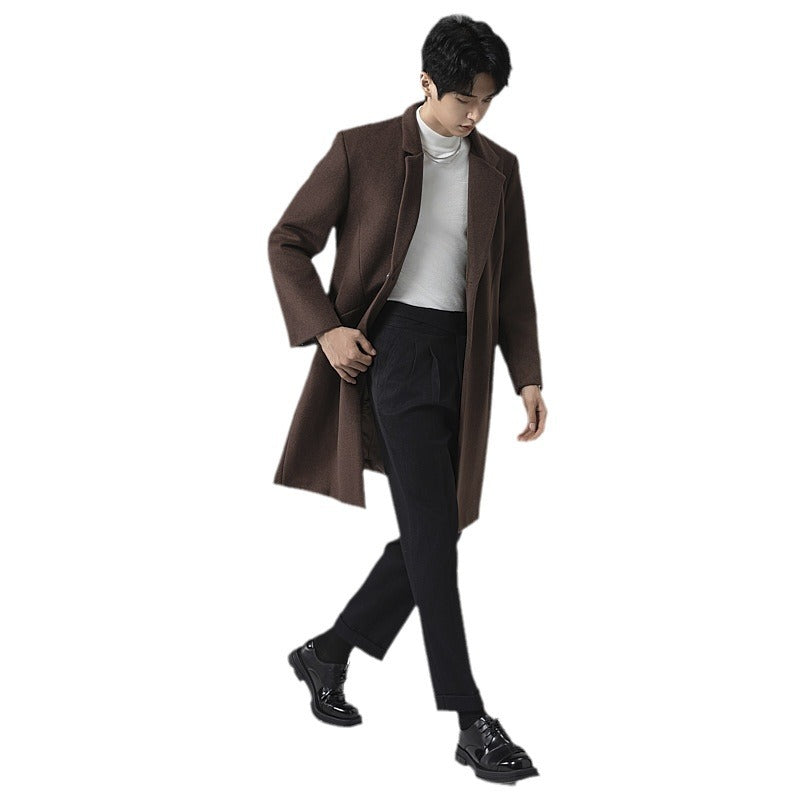 Men's Elegant Longline Wool Coat with Minimalist Lapel and Tailored Silhouette Chichicherry