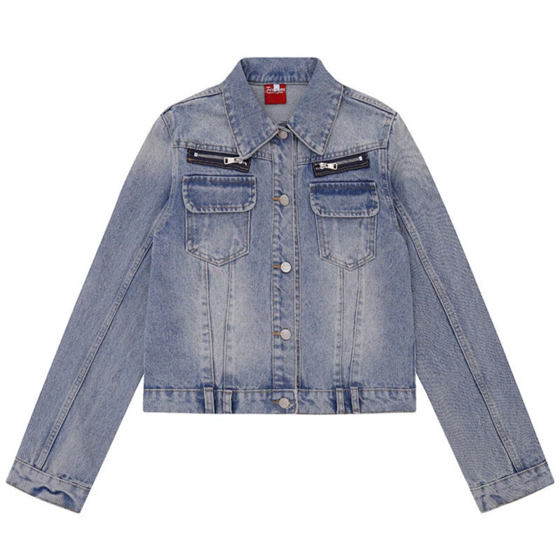 Women's short vintage denim jacket with chest pockets, zipper detail and button placket Chichicherry