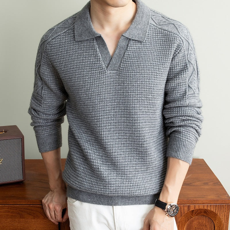 Men's polo sweater with textured waffle knit and cable pattern sleeves Chichicherry