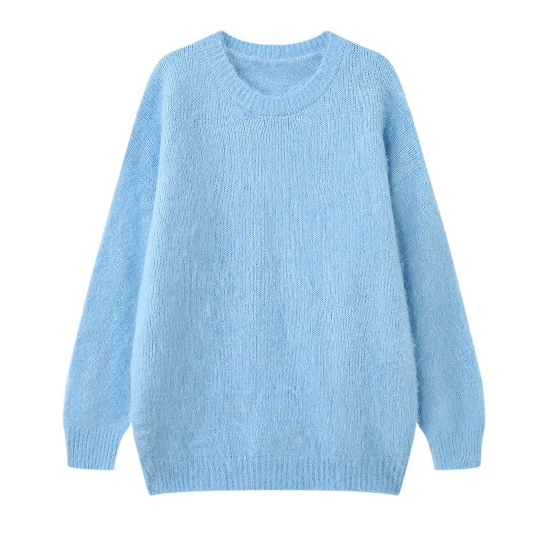 Women Soft Oversize Mohair-Optic Sweater with Ribbed Hem and Round Neckline Chichicherry