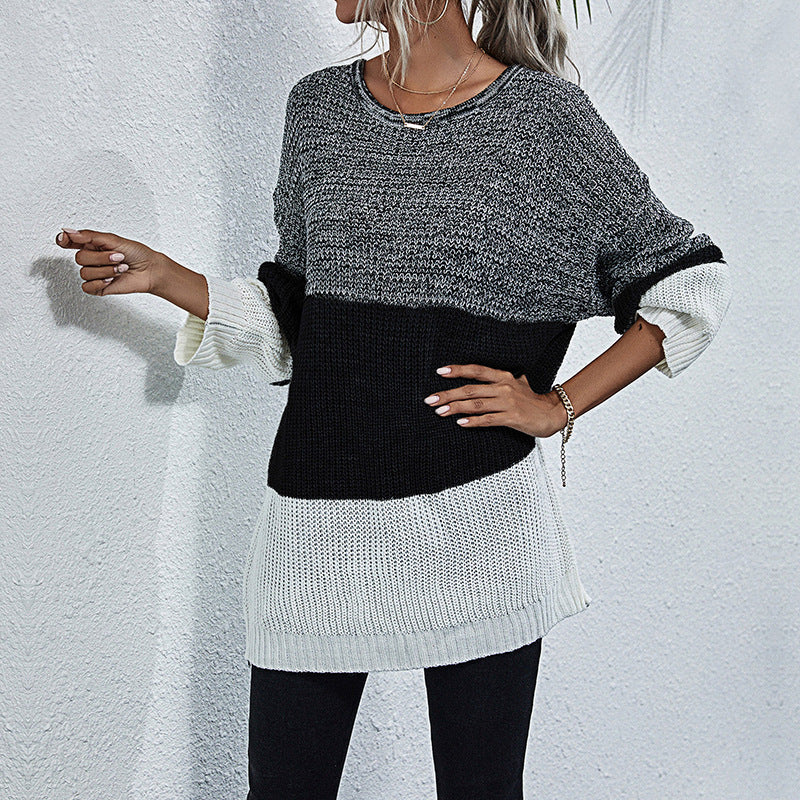 Women Oversize Knit Sweater with Colorblock Inserts, Round Neck and Tunic Silhouette Chichicherry