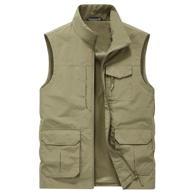 Men's Multi-Pocket Utility Vest with Zipper, Mesh Lining and Stand Collar Chichicherry