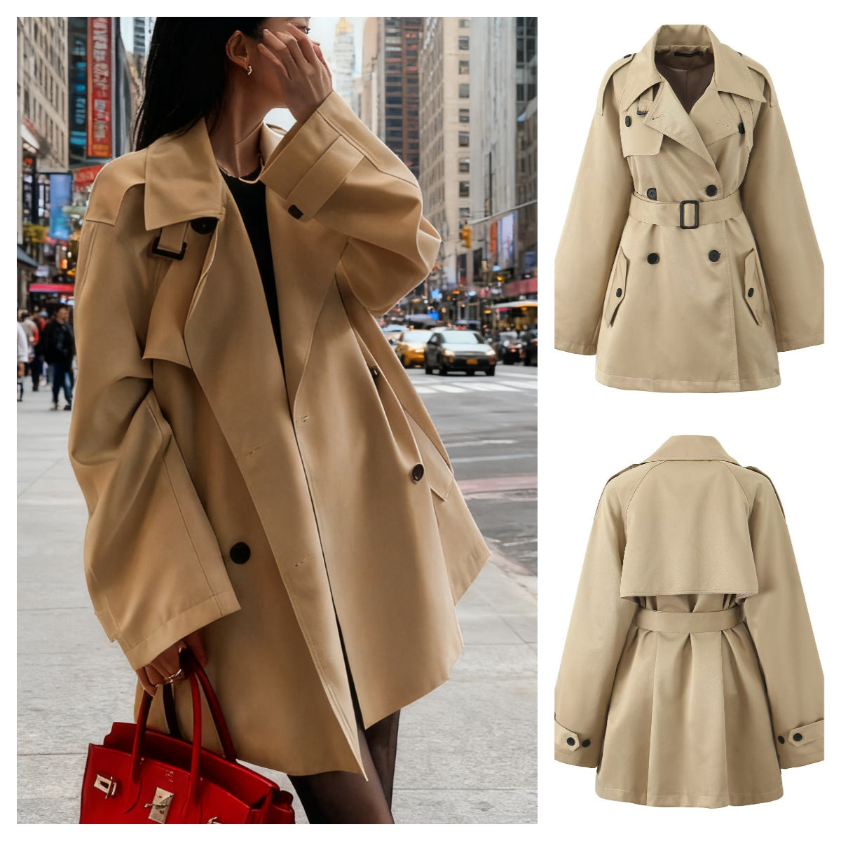 Women's Short Tailored Double-Breasted Trench with Cape Sleeves and Tie Belt Chichicherry