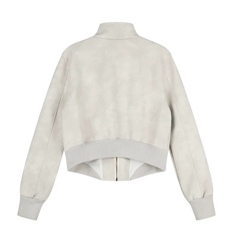 Women's Cropped Bomber Jacket with Stand-Up Collar, Shoulder Patches and Decorative Button Placket Chichicherry