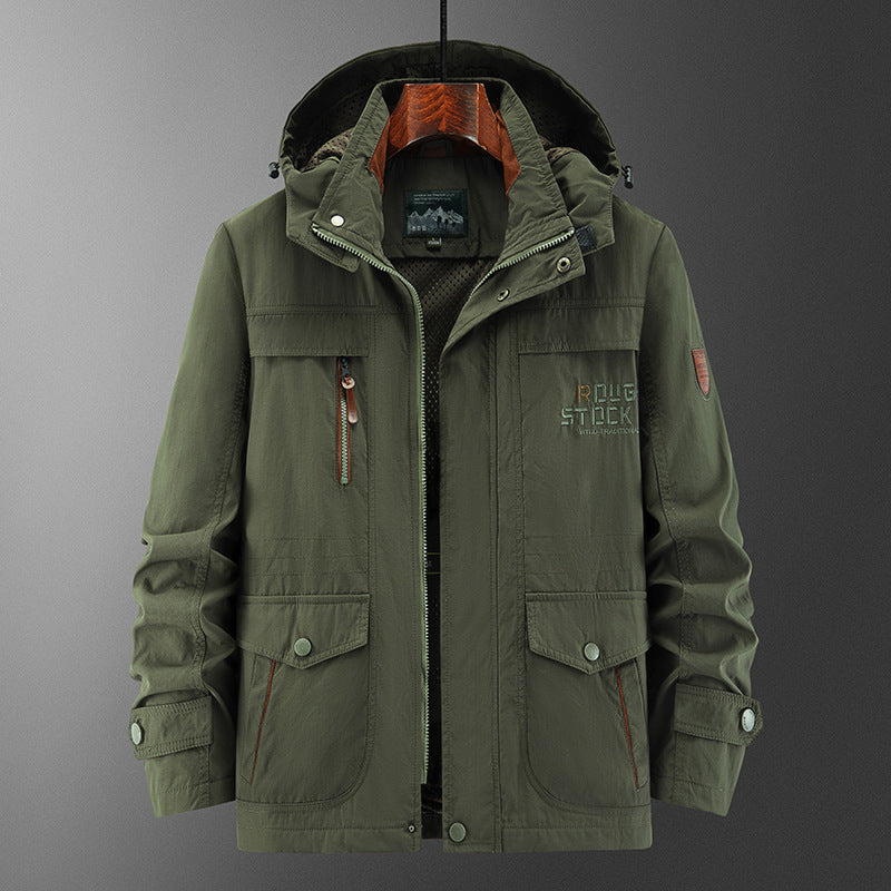 Men's Technical Field Jacket with Hood, Multi-Functional Pockets and Breathable Mesh Lining Chichicherry