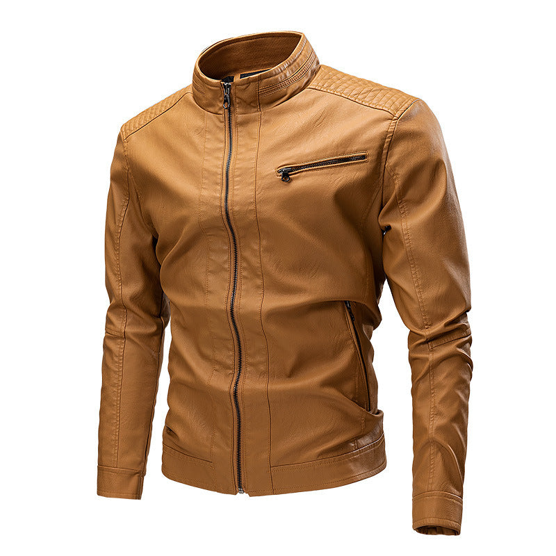 Men's Faux Leather Moto Jacket with Stand Collar, Quilted Shoulder Yoke and Slim Silhouette Chichicherry