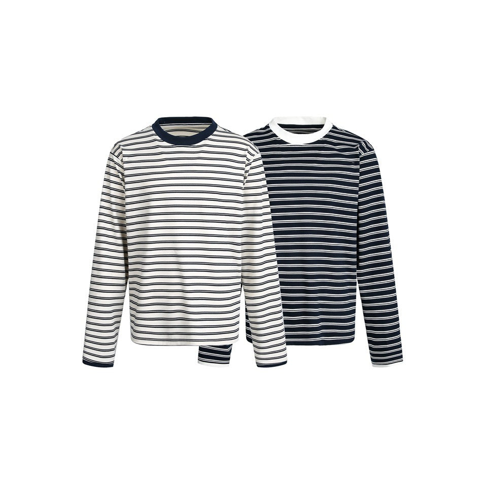 Unisex Striped Long Sleeve Shirt in Breton Style with Contrasting Ribbed Collar and Relaxed Fit Chichicherry