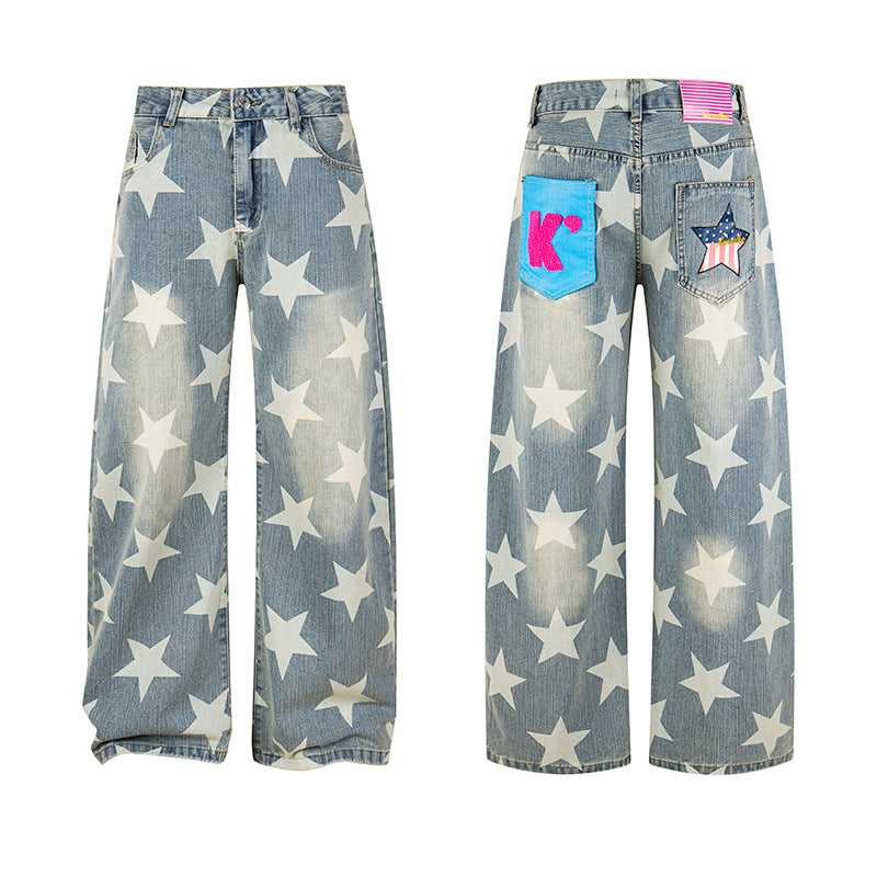 Women's Wide High-Waist Culotte Jeans with High Waist and Allover Star Print Chichicherry