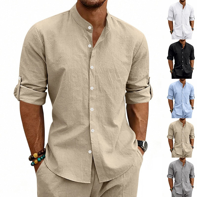 Men's Modern Linen Blend Shirt with Stand Collar, Roll-up Sleeves and Narrow Placket Chichicherry
